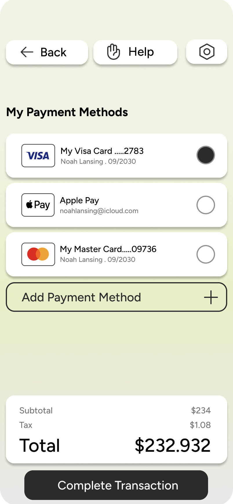 Terminal payment methods screen
